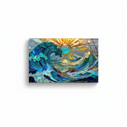 Y-302 original stained-glass ocean waves and golden sun, corrected front view with exact 1.61 to 1 panel proportions