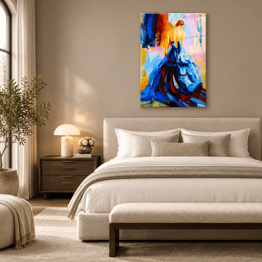 Colorful woman in blue dress glass wall art displayed in a warm greige luxury bedroom