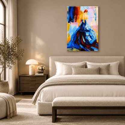 Colorful woman in blue dress glass wall art displayed in a warm greige luxury bedroom
