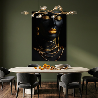D-185 black and gold woman with layered necklaces glass wall art in olive dining room
