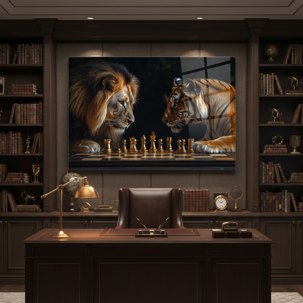Lion vs Tiger Chess Glass Wall Art