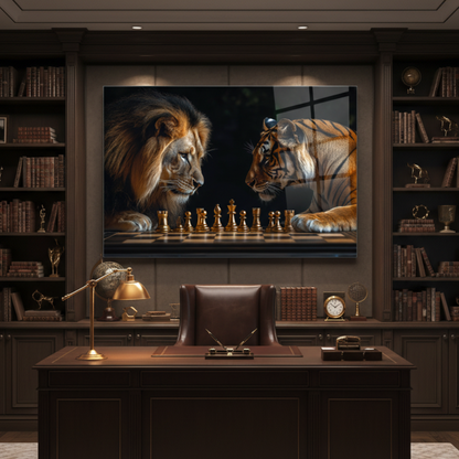 Lion vs Tiger Chess Glass Wall Art