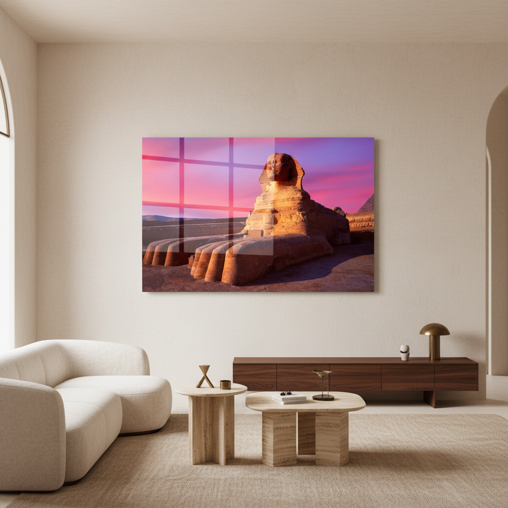 Horizontal glass wall art featuring the Sphinx of Giza at sunset displayed in a luxury living room