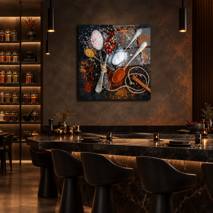 Glass wall art displayed in a modern chef's table restaurant with a spice-bar concept