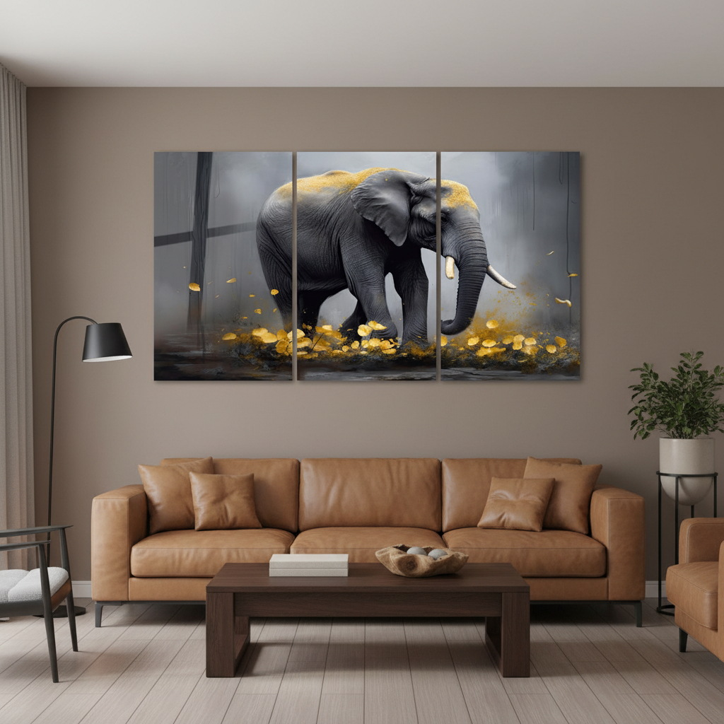 T-39 African elephant and golden leaves triptych glass wall art in a luxury living room with taupe walls