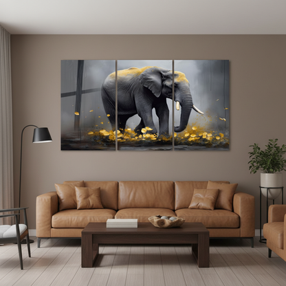 T-39 African elephant and golden leaves triptych glass wall art in a luxury living room with taupe walls