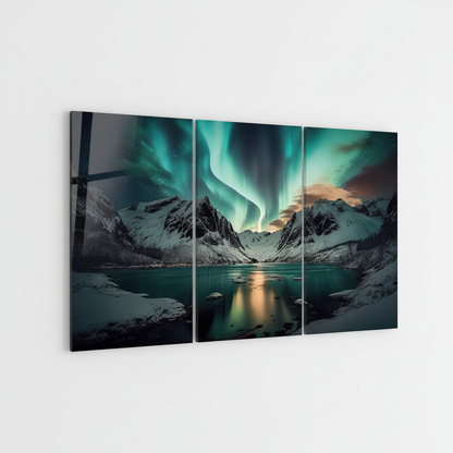 Left-side view of the three-panel northern lights mountain lake glass wall art triptych on a pure white background
