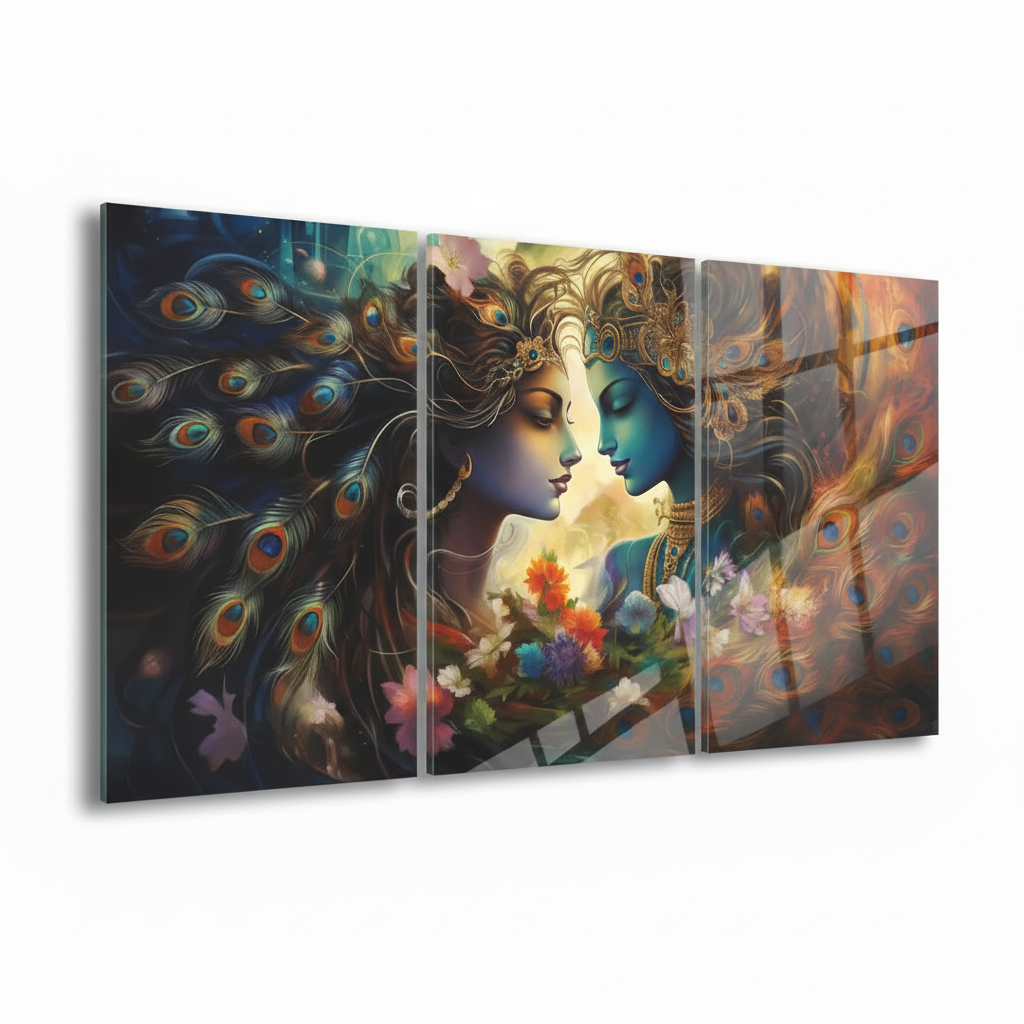 Radha Krishna glass wall art triptych, left side view, thin glass edge visible, white background