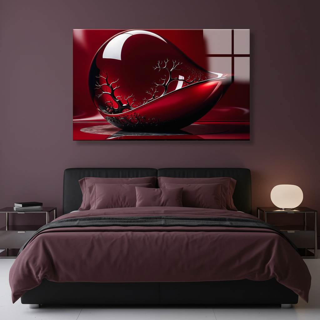 LMT-051 ruby red black glossy abstract glass wall art in a luxury bedroom