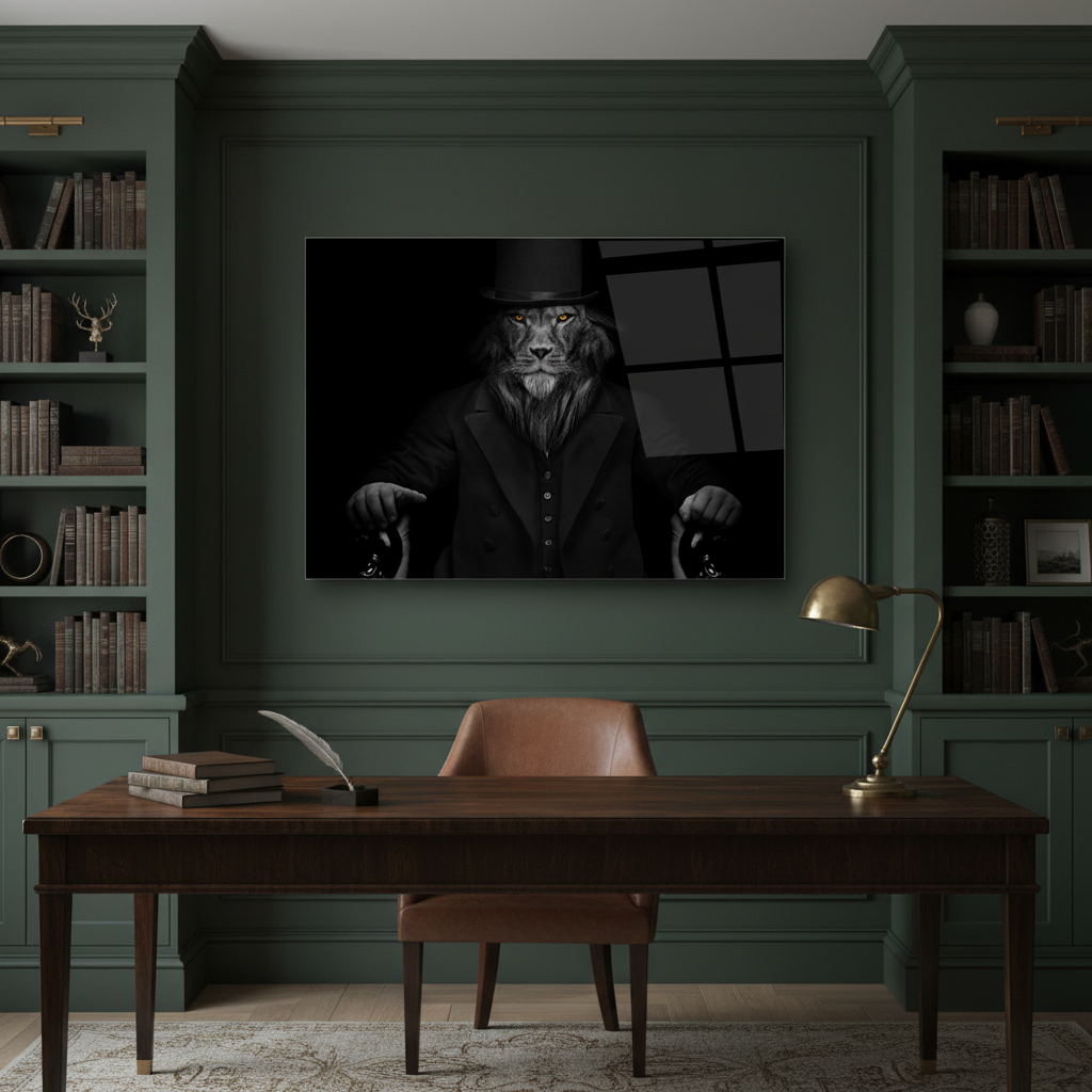 Top Hat Lion Glass Wall Art above a walnut desk in a dark green home office