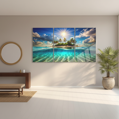 Tropical island paradise triptych glass wall art in a warm grey luxury entrance hall