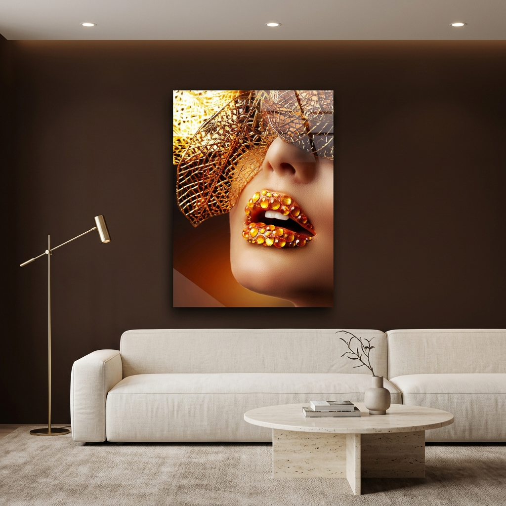 D-179 gold jeweled lips glass wall art in chocolate brown living room