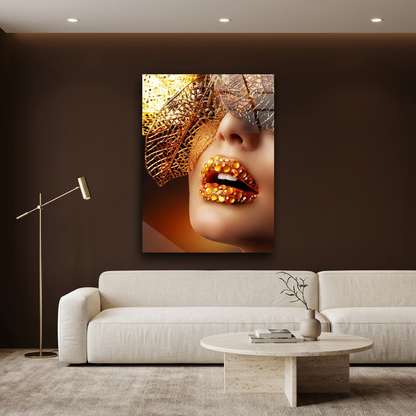 D-179 gold jeweled lips glass wall art in chocolate brown living room