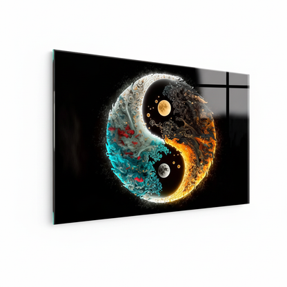 LMT-052 turquoise orange gold yin yang abstract glass wall art, left side view