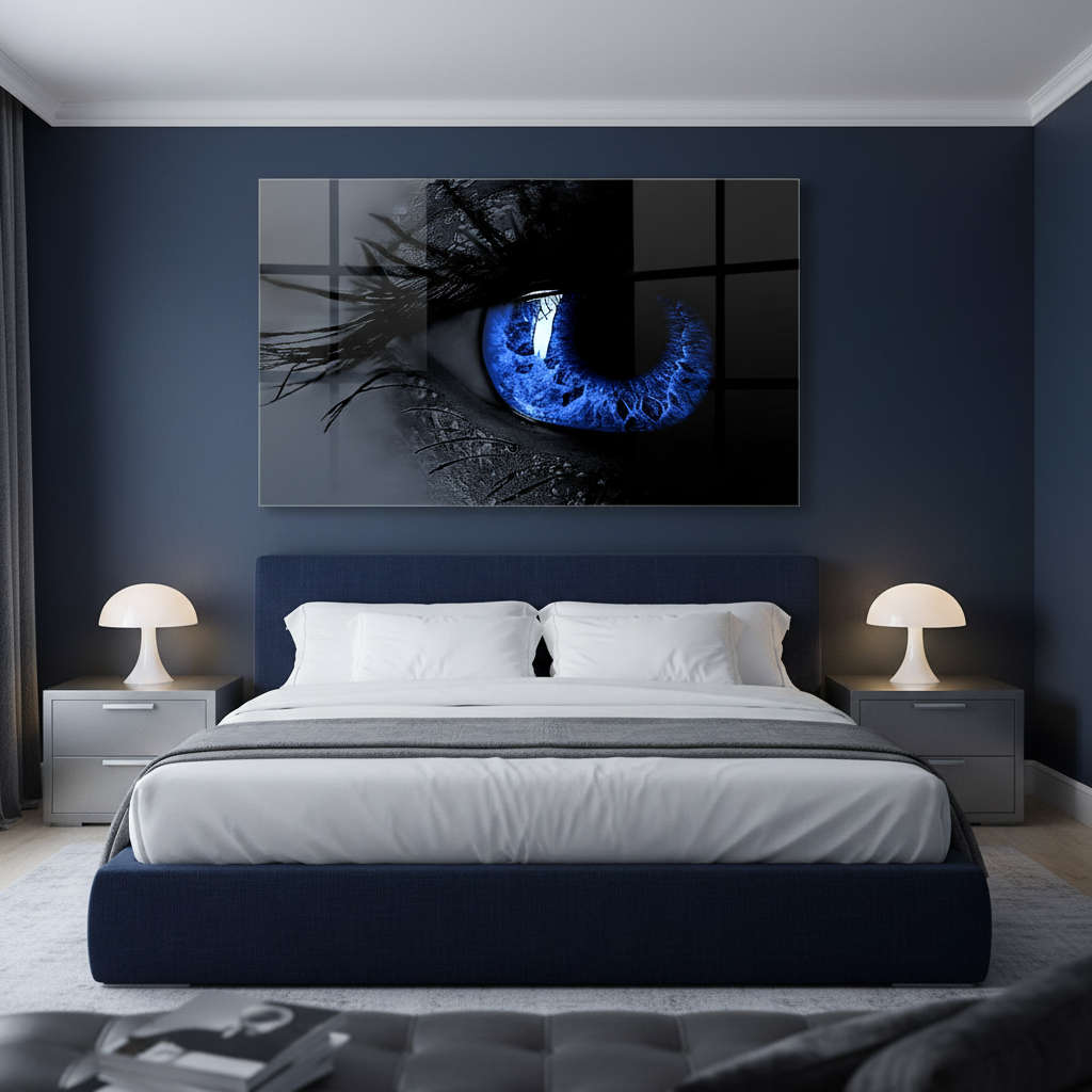 Y-298 electric blue eye glass wall art in a luxury bedroom