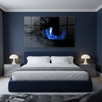 Y-298 electric blue eye glass wall art in a luxury bedroom
