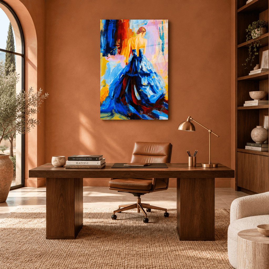 Colorful woman in blue dress glass wall art displayed in a terracotta home office
