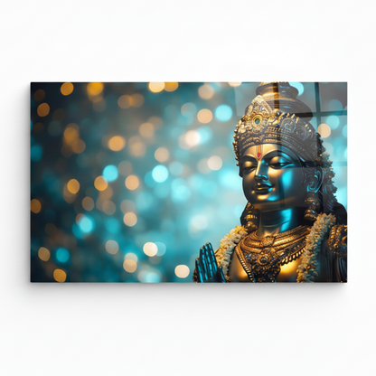 LMT-055 Indian deity teal gold glass wall art, white 1:1 studio mockup with wide horizontal panel