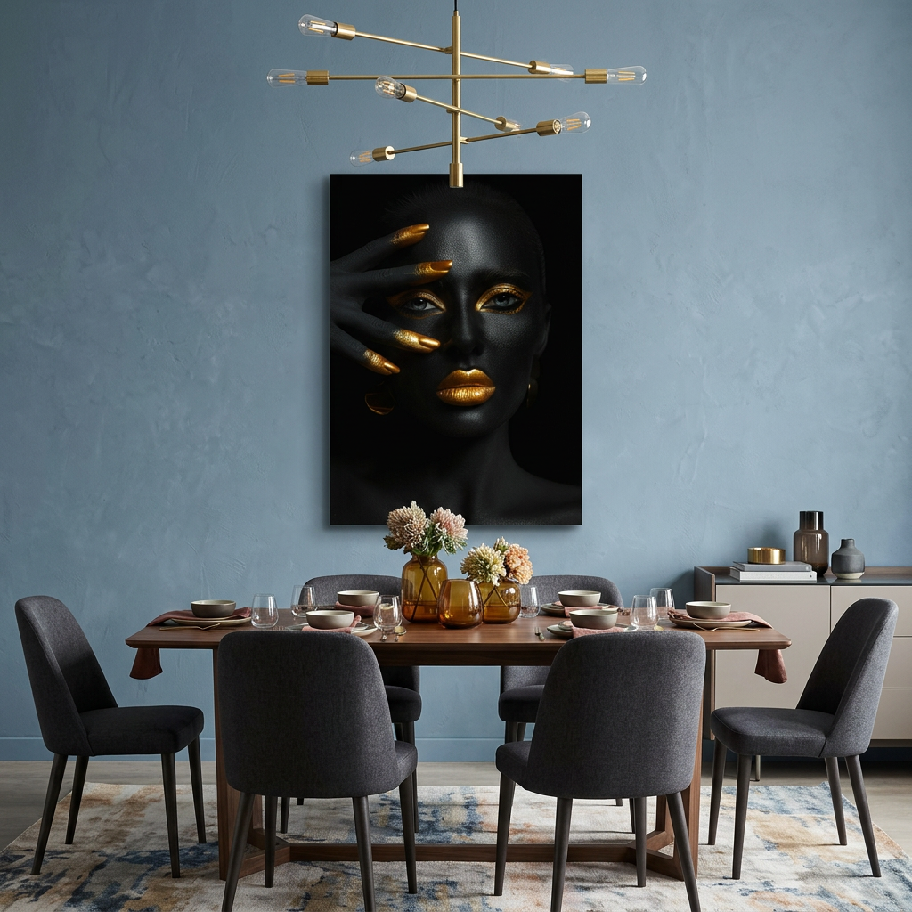 D-181 black and gold woman glass wall art in blue dining room