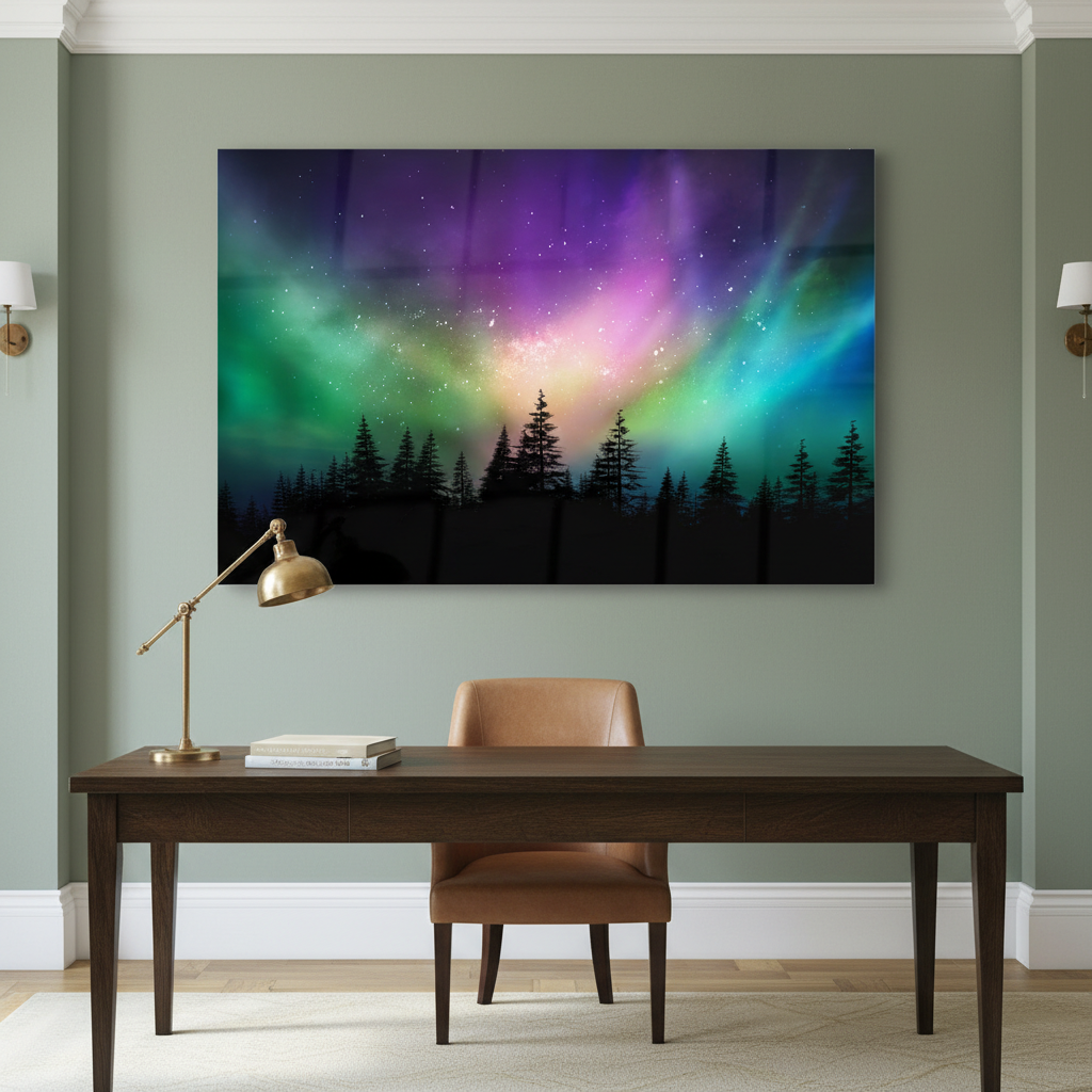Y-295 aurora borealis forest glass wall art in a luxury home office