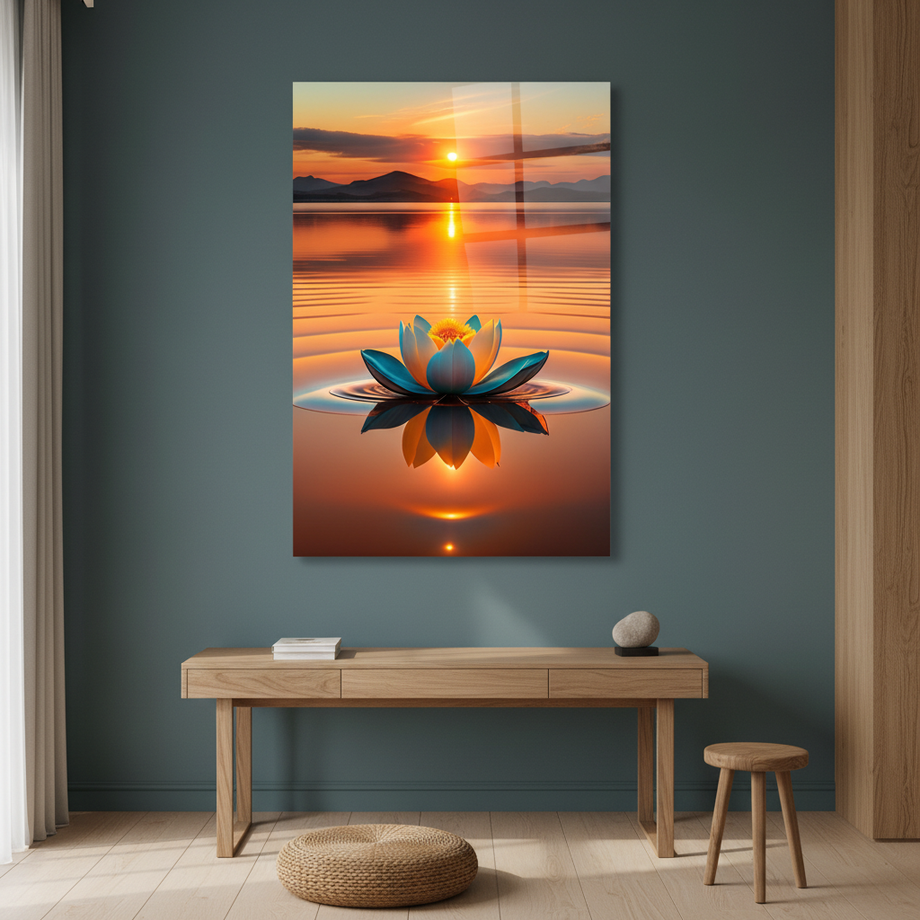 Sunset Lotus Glass Wall Art displayed in a quiet meditation room with deep muted teal walls.