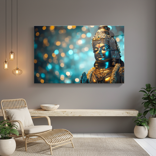 LMT-055 serene Indian deity portrait glass wall art in a luxury wellness studio