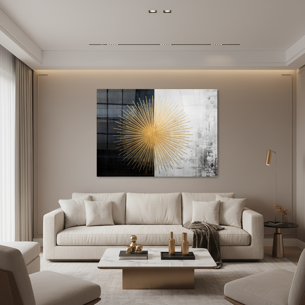 Golden Sunburst Glass Wall Art in luxury living room