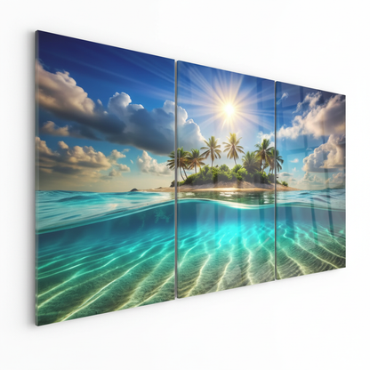 Left angled view of tropical island paradise triptych glass wall art