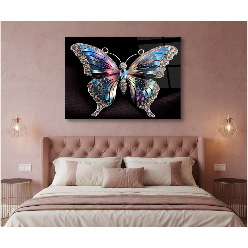 Jeweled Butterfly Glass Wall Art above an upholstered bed in a luxury bedroom