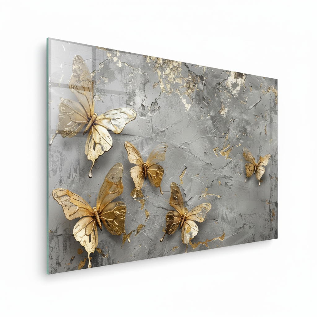 LMT-053 golden butterflies on silver grey textured marble glass wall art, left side view