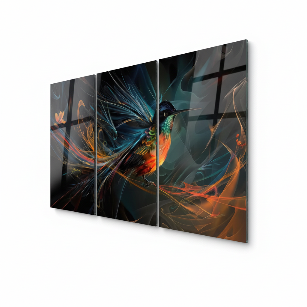 Hummingbird glass wall art triptych, right side view, thin glass edge visible, white background