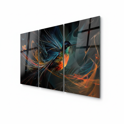 Hummingbird glass wall art triptych, right side view, thin glass edge visible, white background