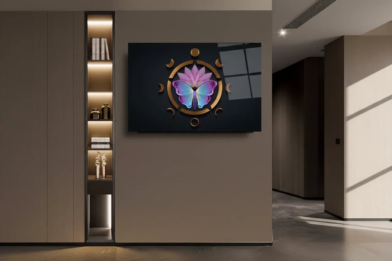 Lotus Butterfly Glass Wall Art - LUXARTDECO