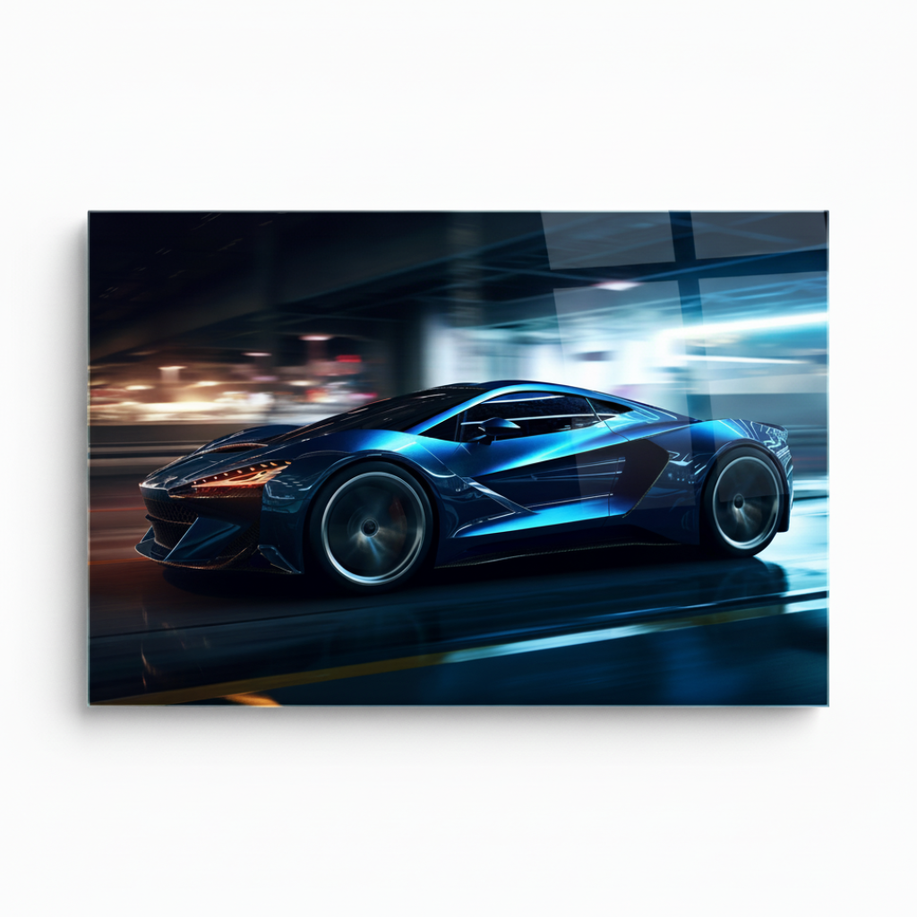 Y-303 electric blue supercar glass wall art, white 1:1 studio mockup with wide horizontal panel