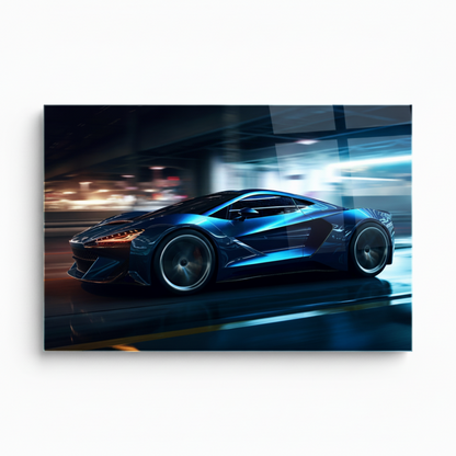 Y-303 electric blue supercar glass wall art, white 1:1 studio mockup with wide horizontal panel