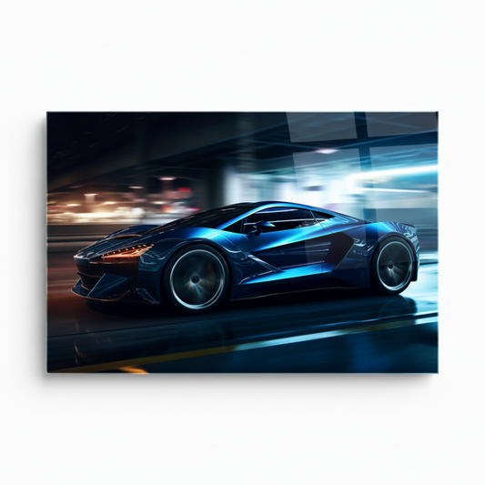 Y-303 electric blue supercar glass wall art, white 1:1 studio mockup with wide horizontal panel