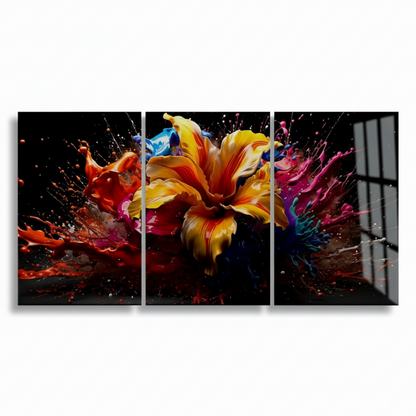 T-42 abstract color splash flower triptych glass wall art on a pure white square background