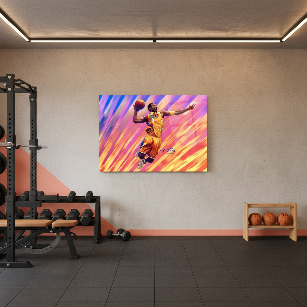 Horizontal glass wall art featuring a basketball player displayed in a premium home gym