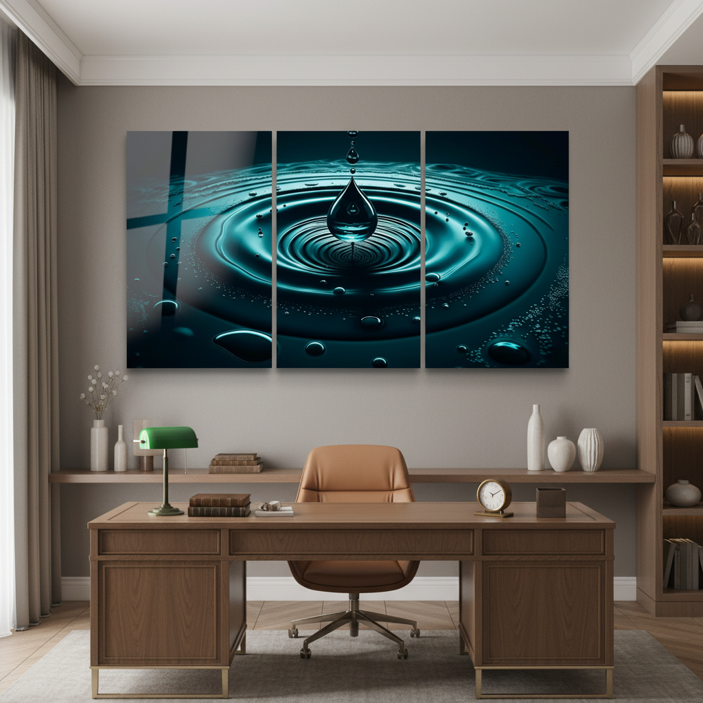 Teal water drop triptych glass wall art in a home office with wooden desk and light grey walls