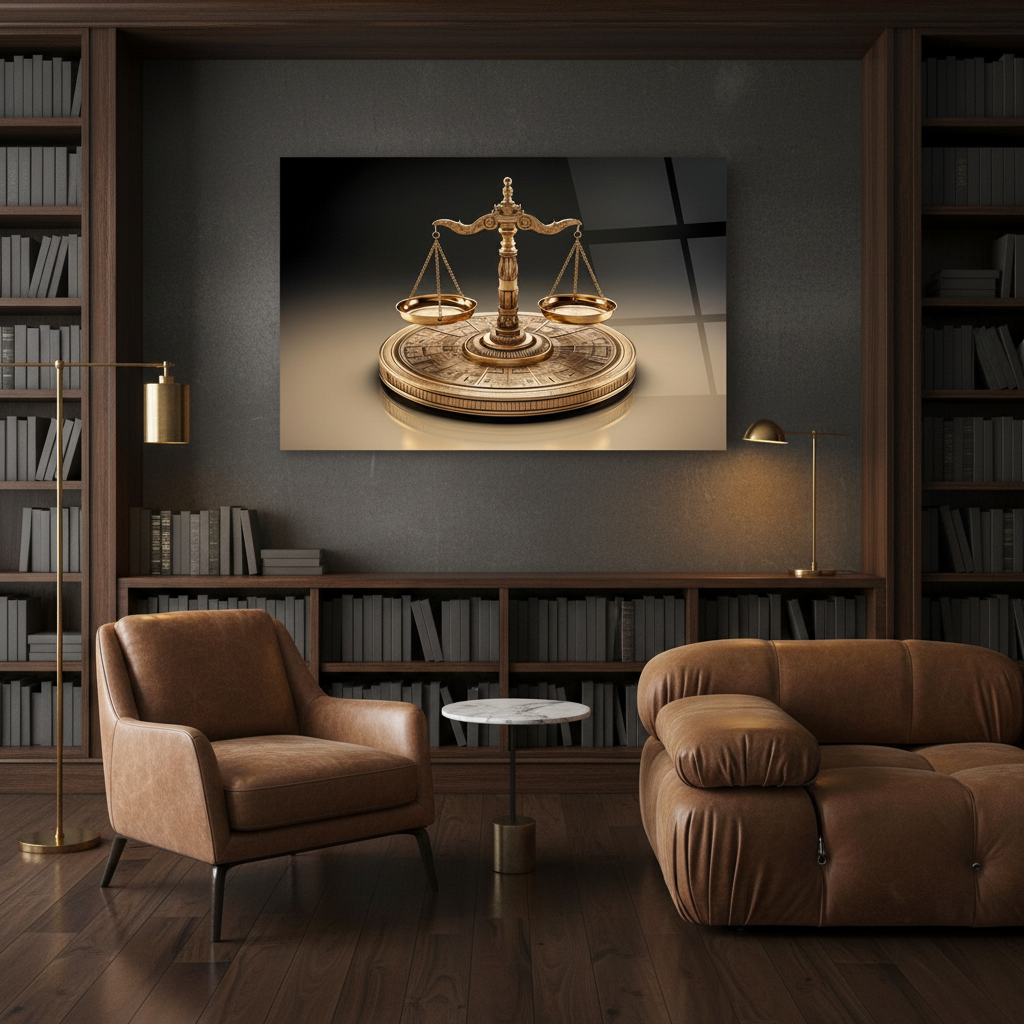 Golden scales of justice horizontal glass wall art in a refined executive law office