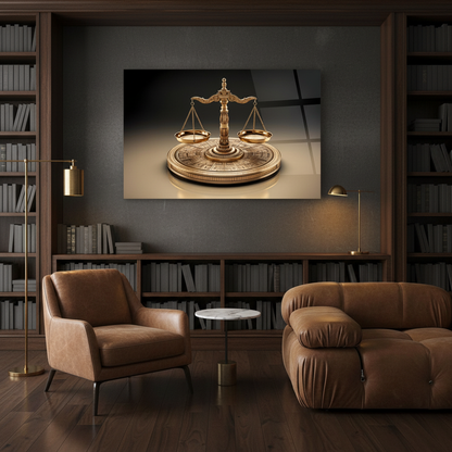 Golden scales of justice horizontal glass wall art in a refined executive law office