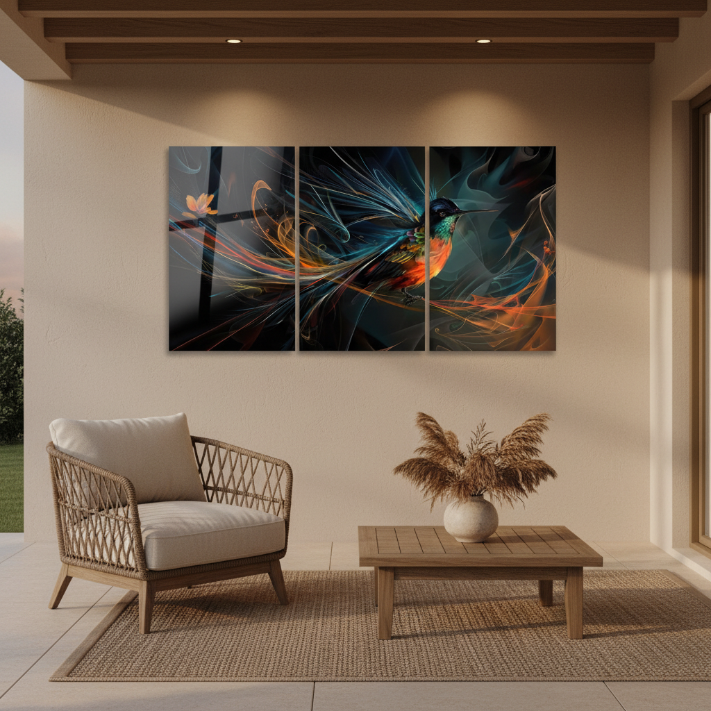 Hummingbird glass wall art triptych hanging on a covered luxury terrace with sand beige walls, rattan lounge chair and wooden coffee table