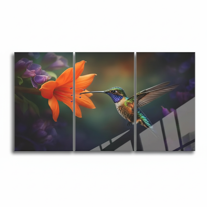 Front view of the three-panel hummingbird and orange flower glass wall art triptych on a pure white background