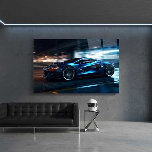 Y-303 electric blue supercar glass wall art in a luxury automotive lounge