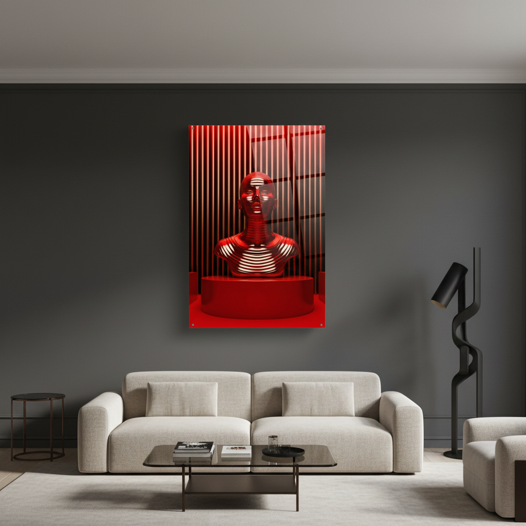 Red chrome futuristic human bust glass wall art in a charcoal luxury living room