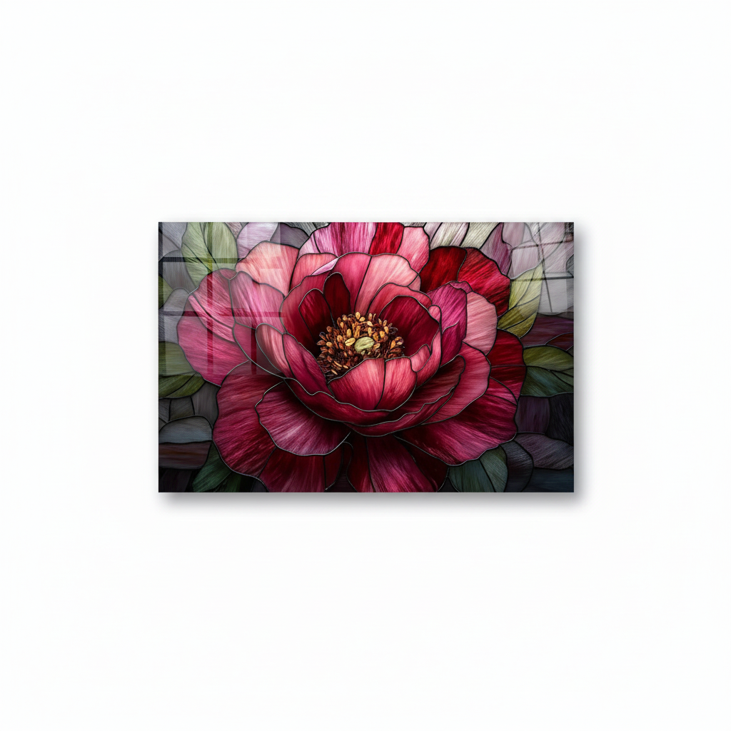 Y-297 pink peony flower glass wall art, front view on a pure white background
