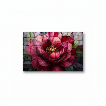Y-297 pink peony flower glass wall art, front view on a pure white background