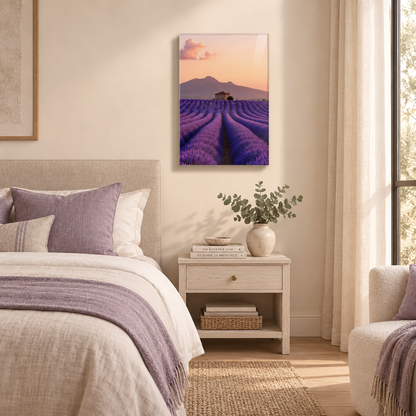 Provence lavender field glass wall art in a bedroom