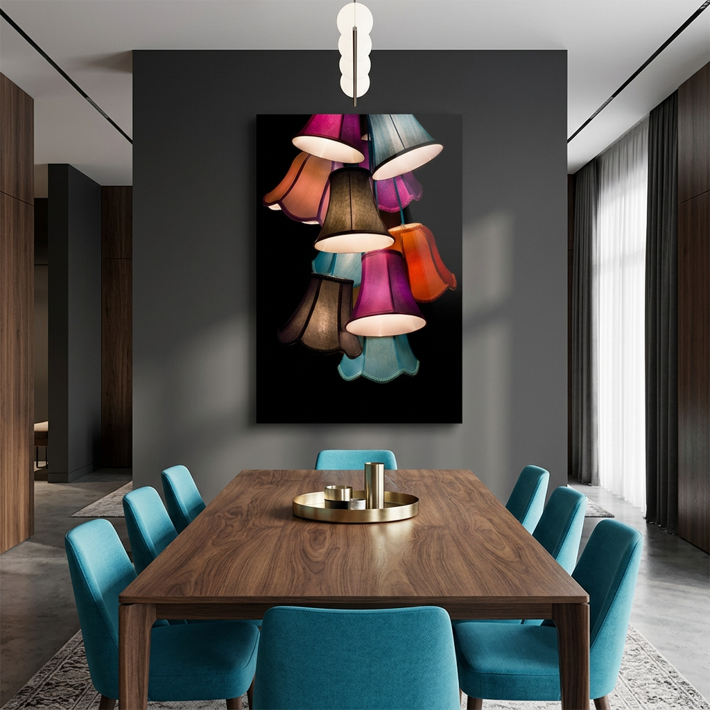 D-177 colorful lampshades glass wall art in charcoal dining room