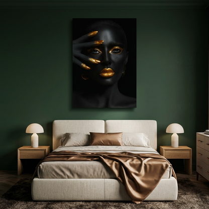 D-181 black and gold woman glass wall art in green bedroom